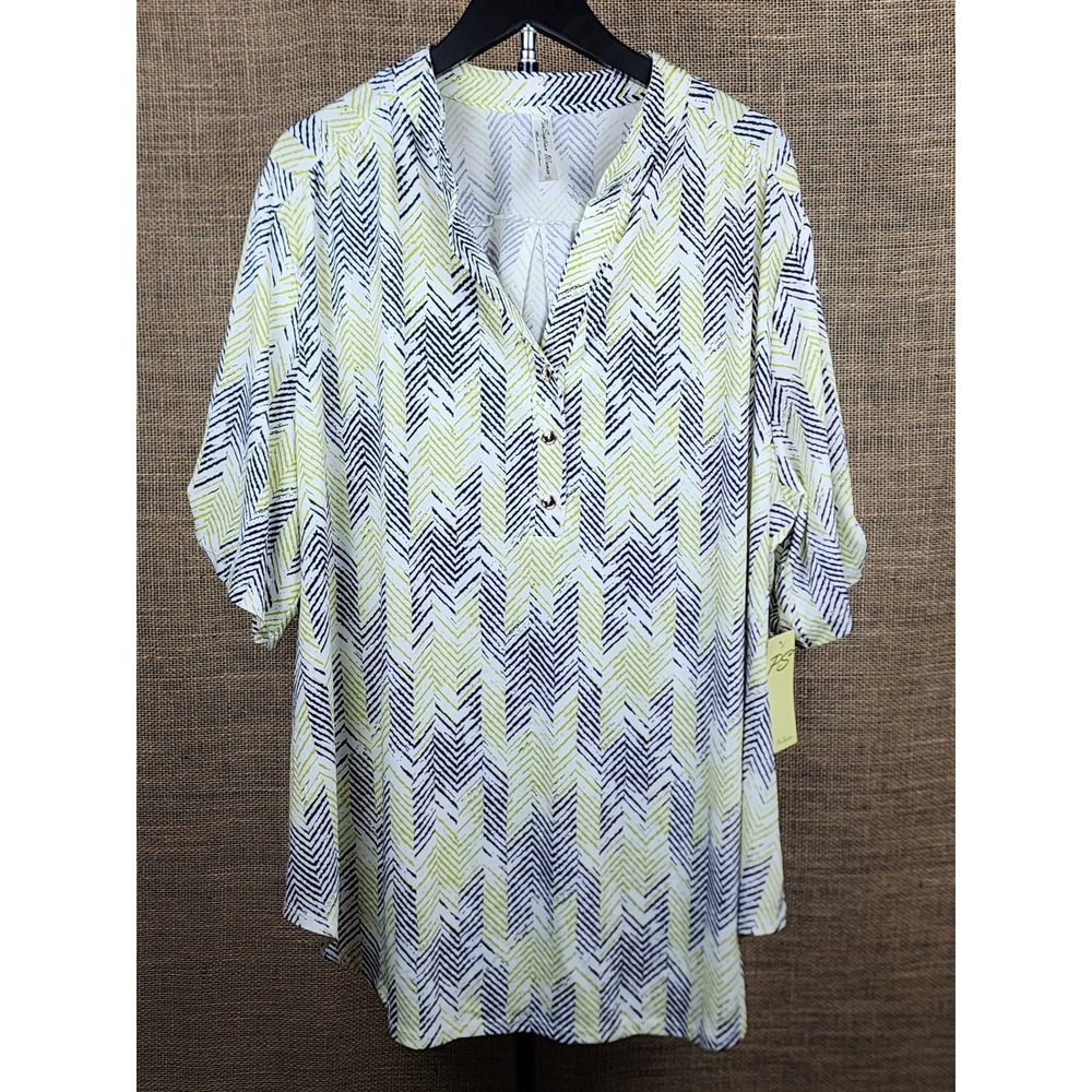 PerSeption Women Plus 3X Chevron Henley Tunic Blouse Lime Green Black